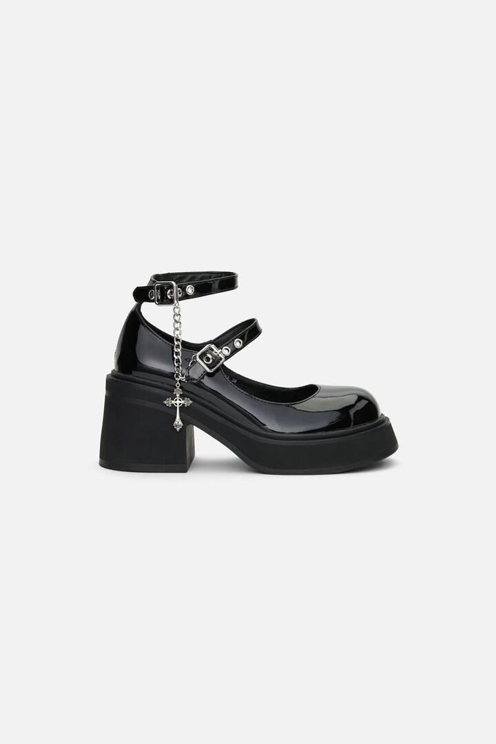 Image of Flats. Product name - Patent Cross Charm Mary Jane in Black colour by brand - Dangerfield