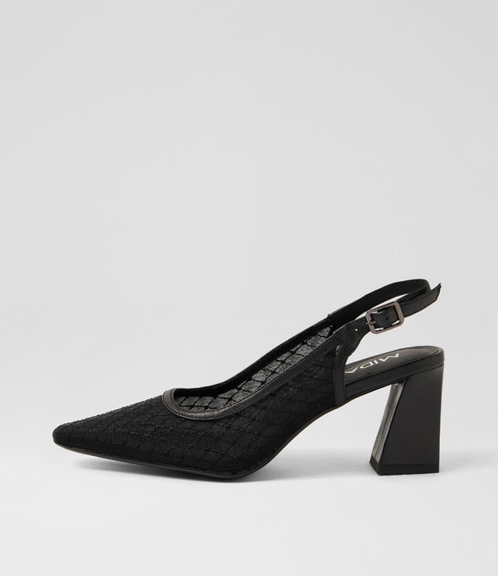 Image of Shoes. Product name - Kabob Black Leather Mesh Slingbacks in Black colour by brand - MIDAS