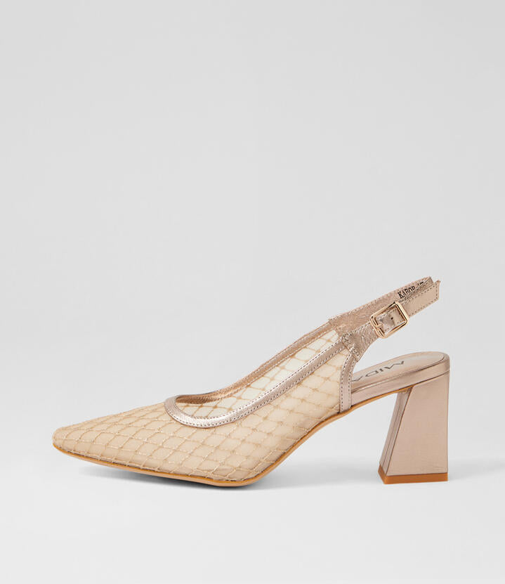 Image of Shoes. Product name - Kabob Champagne Leather Mesh Slingbacks in Champagne colour by brand - MIDAS