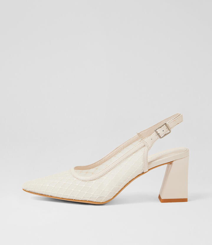 Image of Shoes. Product name - Kabob Ivory Leather Mesh Slingbacks in Ivory colour by brand - MIDAS
