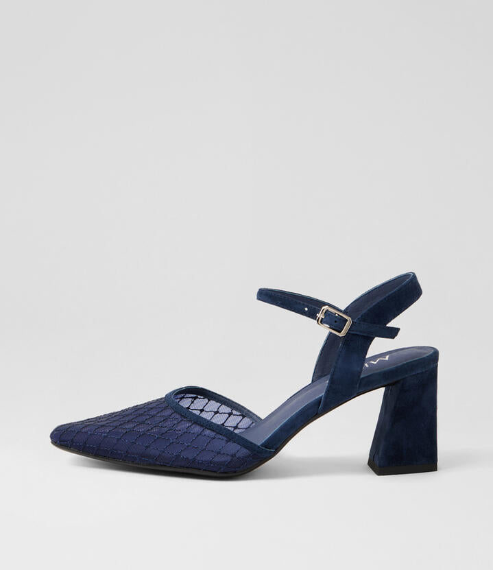 Image of Heels. Product name - Kazoo Navy Suede Mesh Heels in Navy colour by brand - MIDAS