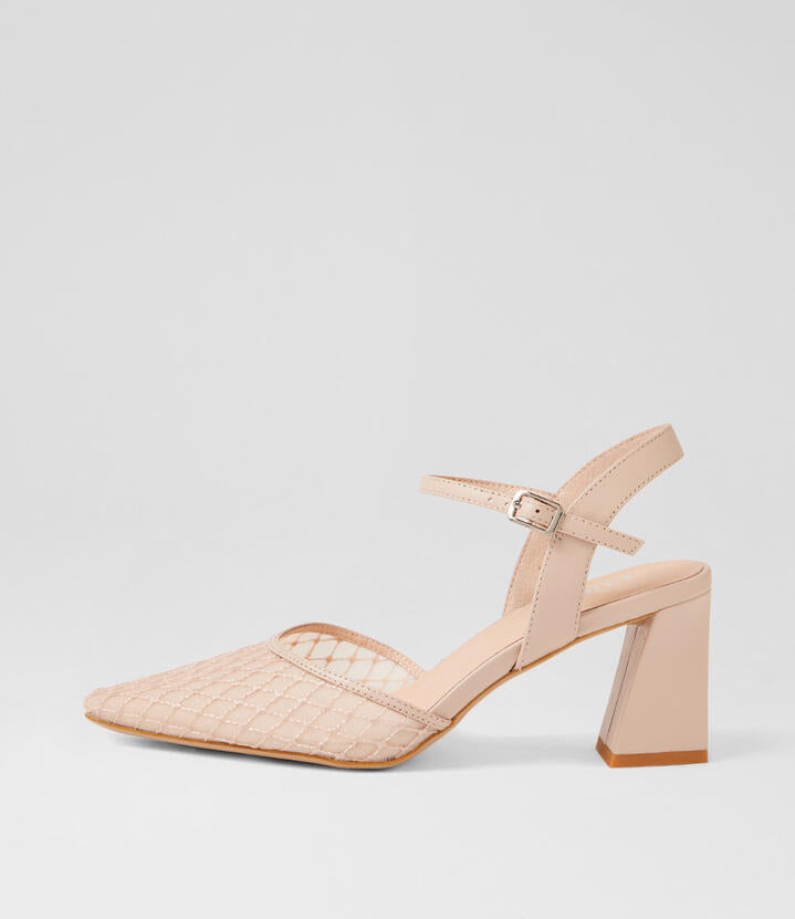 Image of Heels. Product name - Kazoo Nude Leather Mesh Heels in Nude colour by brand - MIDAS