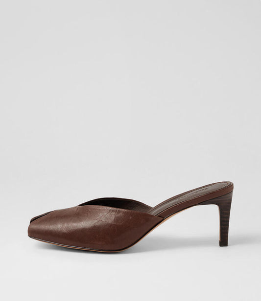 Image of Sandals. Product name - Bonniere Dark Brown Crinkle Leather Sandals in Brown-Dk Brown Heel colour by brand - MOLLINI