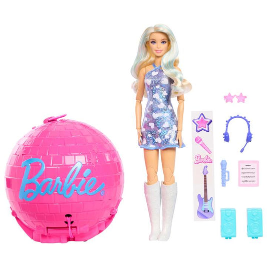 Image of Dolls. Product name - Barbie Team Barbie Roll and Reveal Pop Star Doll and Accessories with Blonde Fashion Doll, 8 Surprises & Disco Ball Encasement in colour by brand - Barbie
