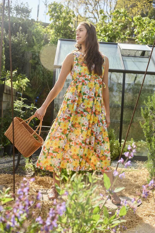 Image of Dresses. Product name - Cintrana Fruit Salad Floral Sleeveless Midi Dress in Yellow colour by brand - Thing Thing