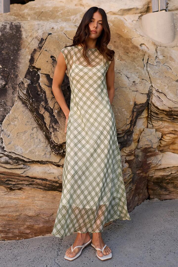 Image of Dresses. Product name - Relay Avocado Check Chiffon Sleeveless Sheer Maxi Dress in Avocado Check Chiffon colour by brand - Ivy + Jack