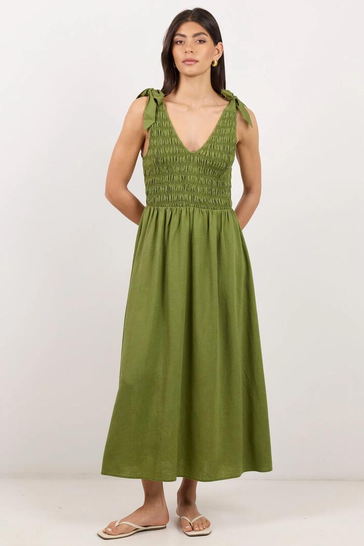 Image of Dresses. Product name - Select Olive Tie Shoulder Shirred Midi Dress in Olive colour by brand - Ivy + Jack