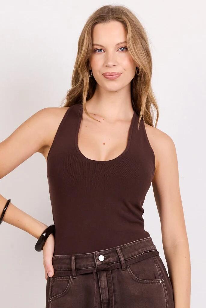 Image of a model wearing Outerwear. Product name - Ambition Chocolate Racer Back Knit Top in Chocolate colour by brand - Among the Brave