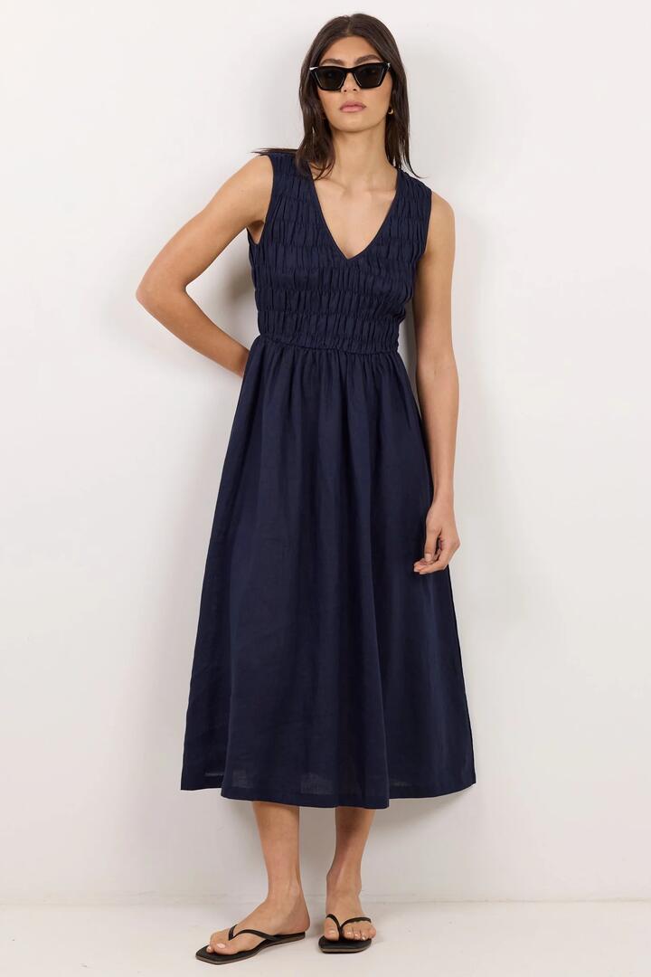 Image of Dresses. Product name - Garland Navy Linen V Neck Shirred Bodice Midi Dress in Navy colour by brand - RE:UNION Label