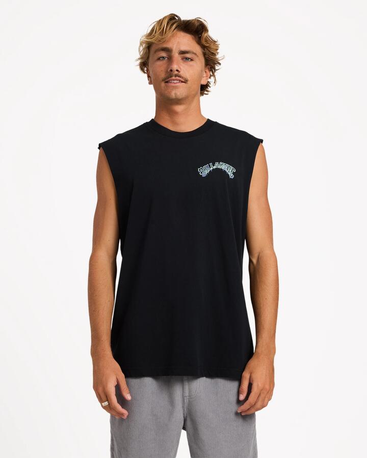 Image of a model wearing Tops. Product name - Billabong Mens Mod Arch Muscle Top Washed Black in Washed Black colour by brand - Billabong