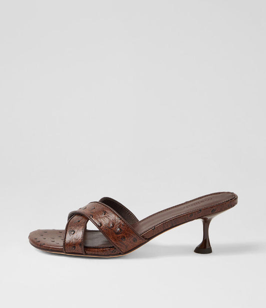Image of Sandals. Product name - Asire Choc Ostrich Embossed Leather Sandals in Choc Ostrich colour by brand - MOLLINI