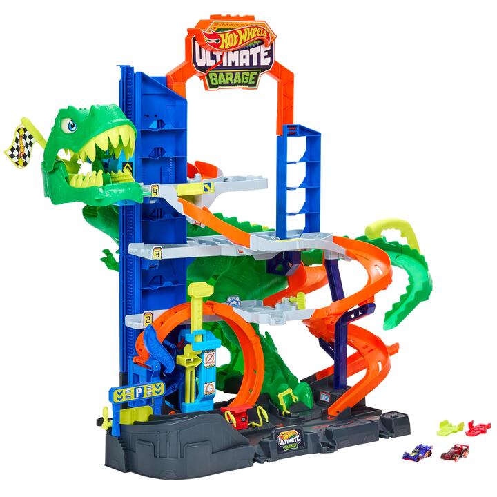 Image of Toy Cars. Product name - Hot Wheels City Ultimate T-Rex Garage with 2 Toy Cars & Storage for 50+, Race & Stunt, Dino Nemesis in colour by brand - Hot Wheels