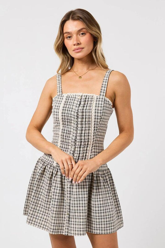 Image of Dresses. Product name - Tilda Grey Check Strappy Mini Dress in Grey colour by brand - All About Eve