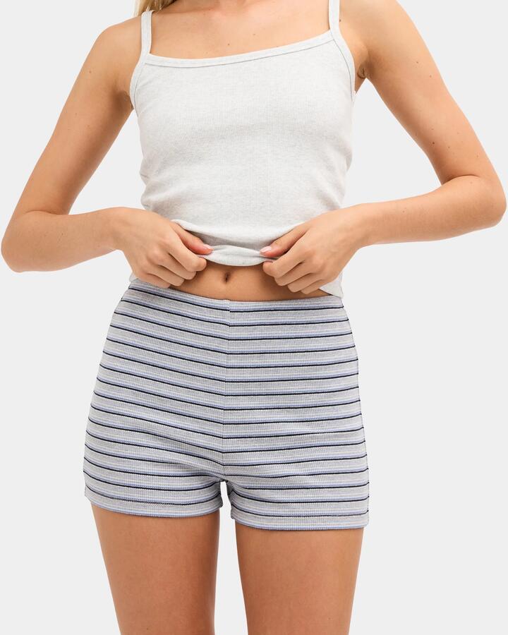Image of a model wearing Shorts. Product name - Nunui Womens Abyss Elastic Waist Shorts Grey Stripe in Grey Stripe colour by brand - Nunui
