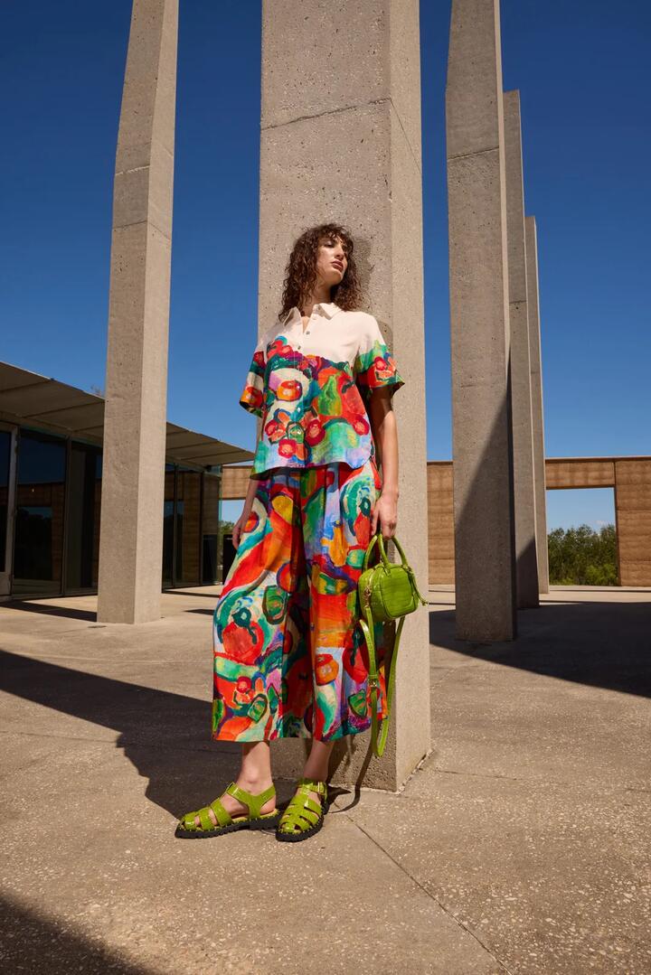 Image of a model wearing Pants. Product name - Tablescape Pant in Print colour by brand - Gorman