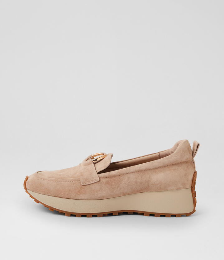 Image of Flats. Product name - Zester Sandy Suede Slip Ons in Sandy colour by brand - MIDAS
