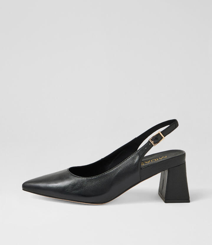 Image of Heels. Product name - Wonda Black Leather Slingbacks in Black colour by brand - MIDAS