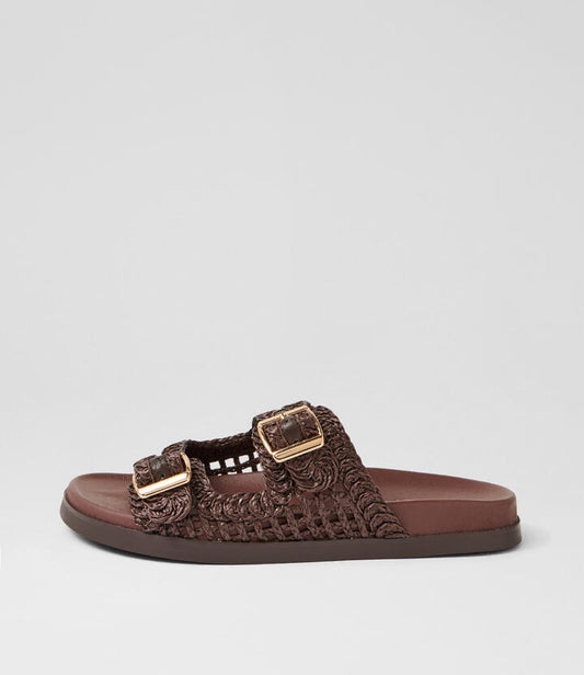 Image of Slippers. Product name - Reki Choc Synthetic Raffia Slides in Choc colour by brand - MIDAS