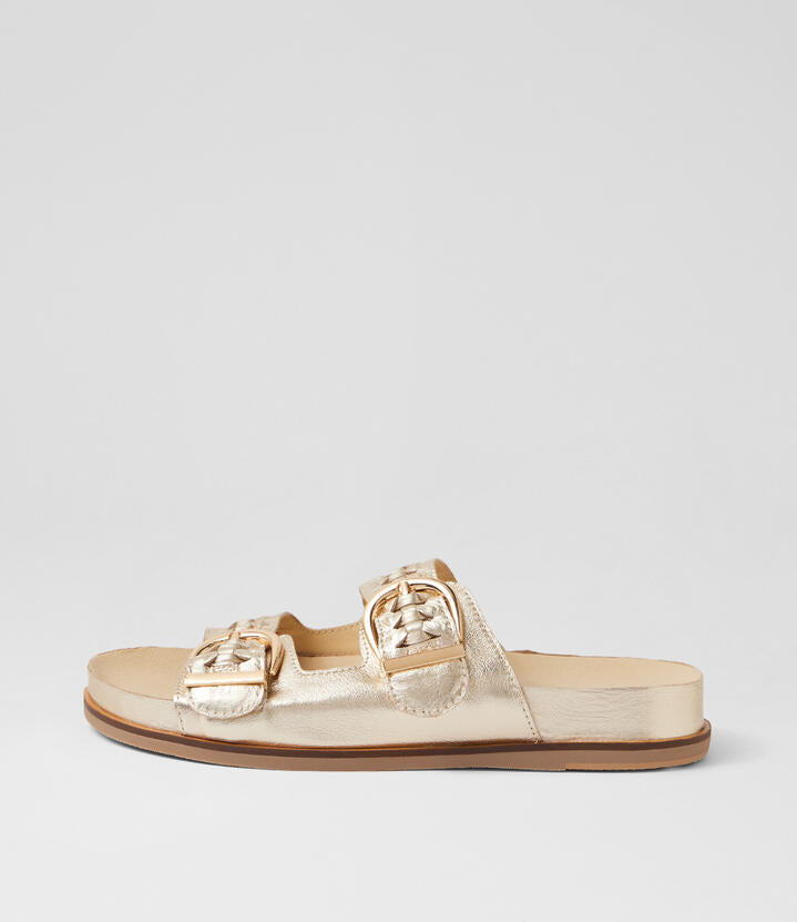 Image of Slippers. Product name - Qalil Pale Gold Leather Slides in Pale Gold colour by brand - MIDAS