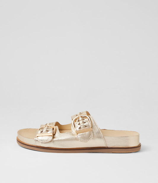 Image of Slippers. Product name - Qalil Pale Gold Leather Slides in Pale Gold colour by brand - MIDAS