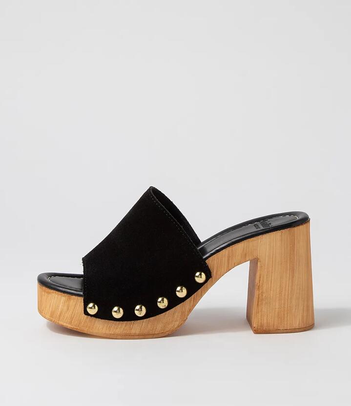 Image of Slippers. Product name - Harmoni Black Suede Clogs in Black colour by brand - MOLLINI