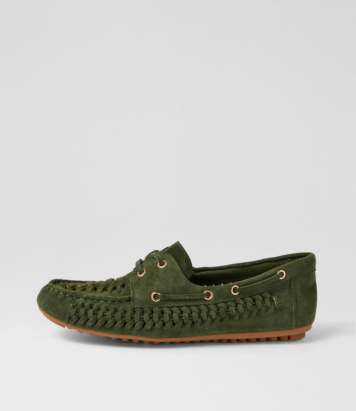Image of Flats. Product name - Violin Olive Suede Lace Up Flats in Olive colour by brand - MIDAS