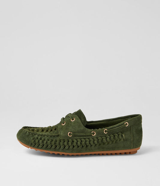 Image of Flats. Product name - Violin Olive Suede Lace Up Flats in Olive colour by brand - MIDAS