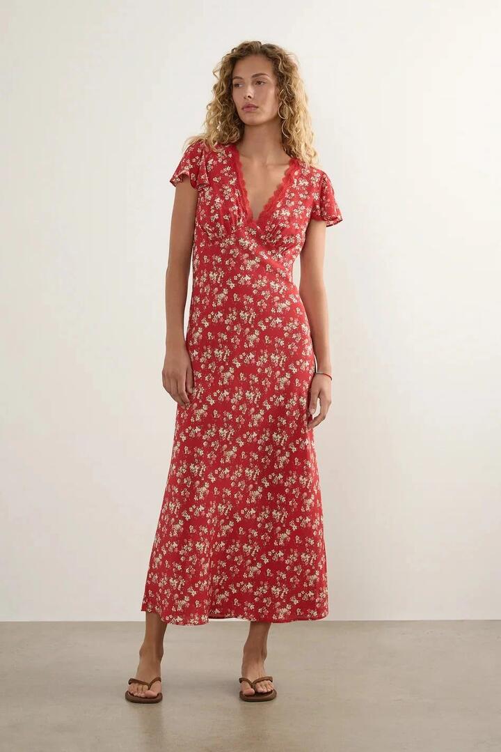 Image of Dresses. Product name - Marena Red Floral Lace V Neck Flutter Sleeve Midi Dress in Red colour by brand - Auguste The Label