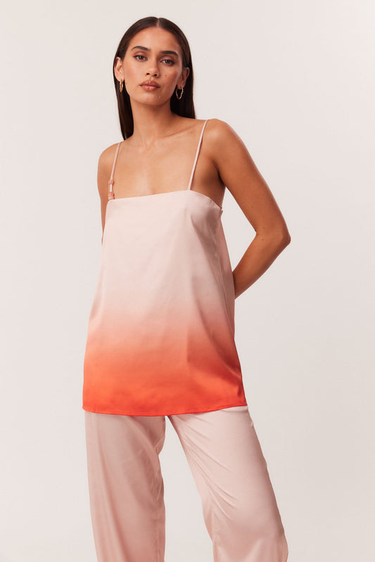 Image of a model wearing Tops. Productname: SNDYS AMAYA LONGLINE TOP in Peach Ombre colour by brand - SNDYS