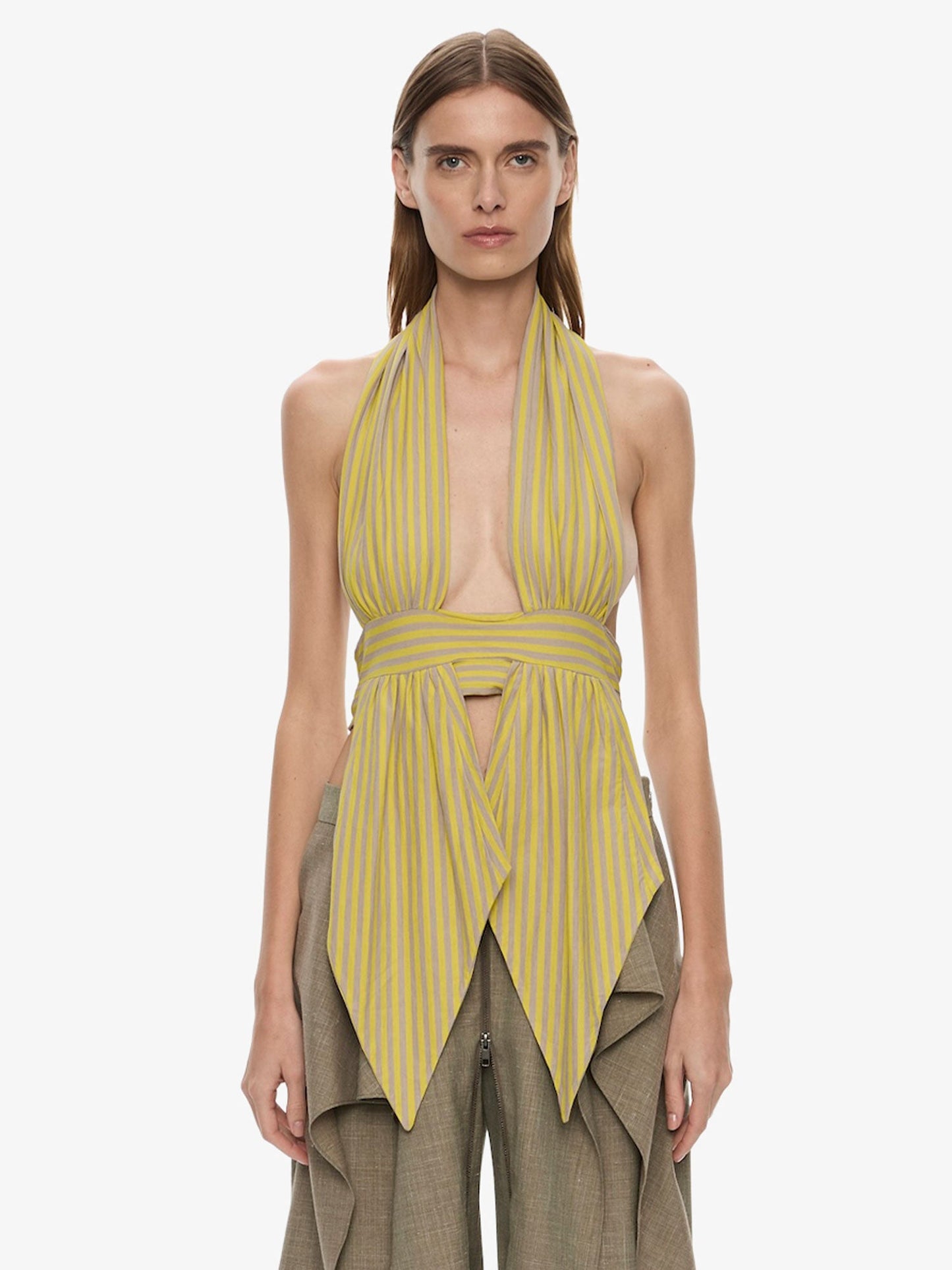 Image of Clothing Tops. Product name - Scarf Draped Halter Top in Stripe colour by brand - CHRISTOPHER ESBER