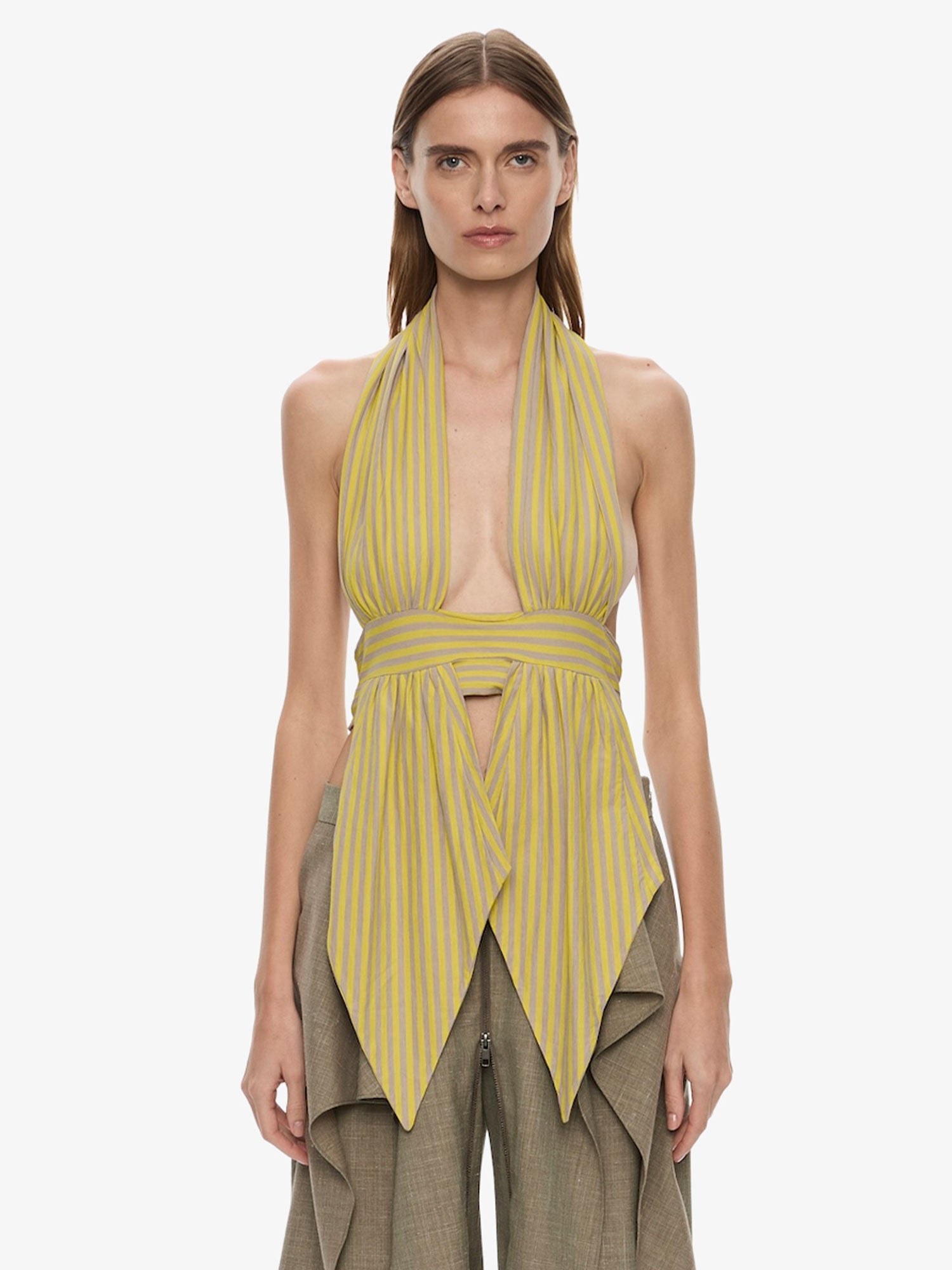Image of Clothing Tops. Product name - Scarf Draped Halter Top in Stripe colour by brand - CHRISTOPHER ESBER