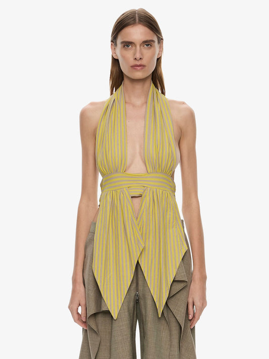 Image of Clothing Tops. Product name - Scarf Draped Halter Top in Stripe colour by brand - CHRISTOPHER ESBER