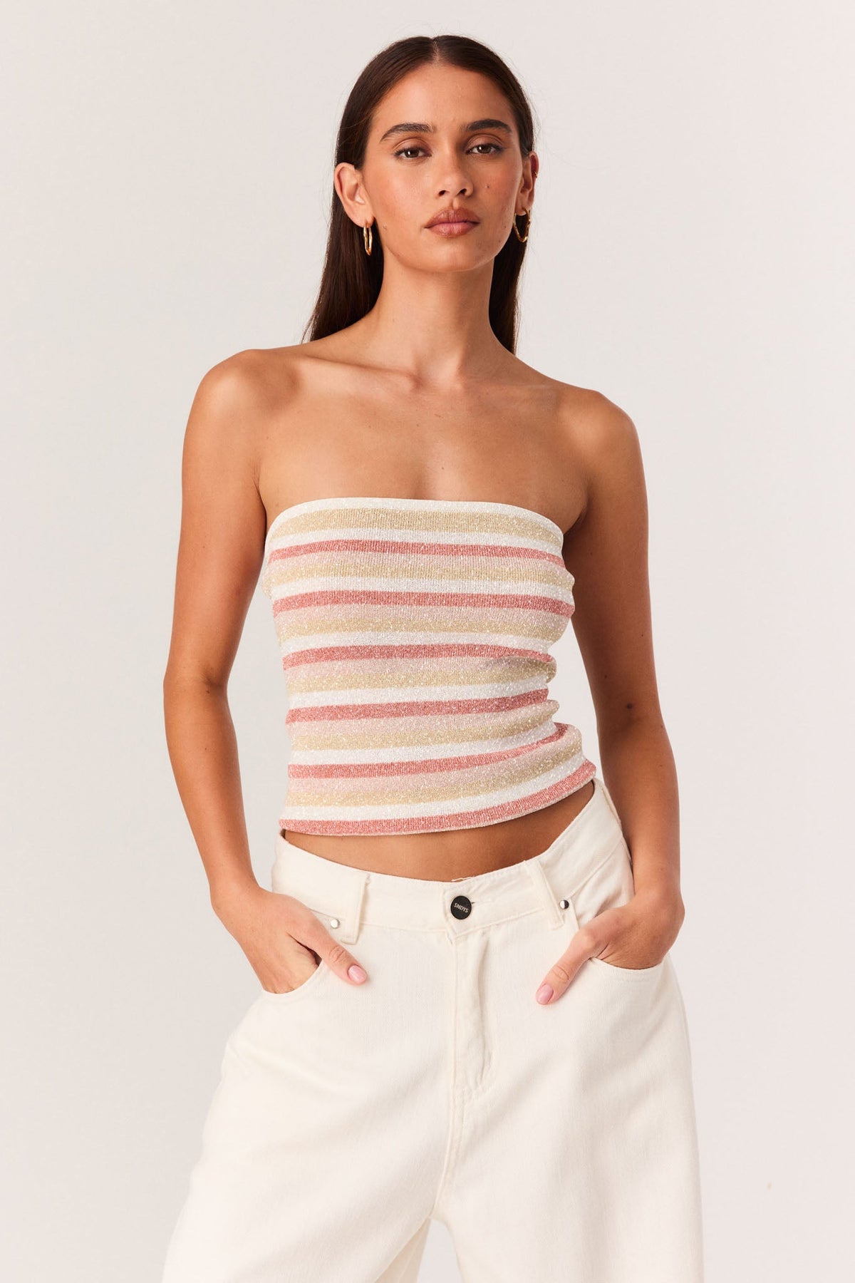 Image of a model wearing Tops. Productname: SNDYS CELIA SHIMMER TOP in Peach Stripe colour by brand - SNDYS