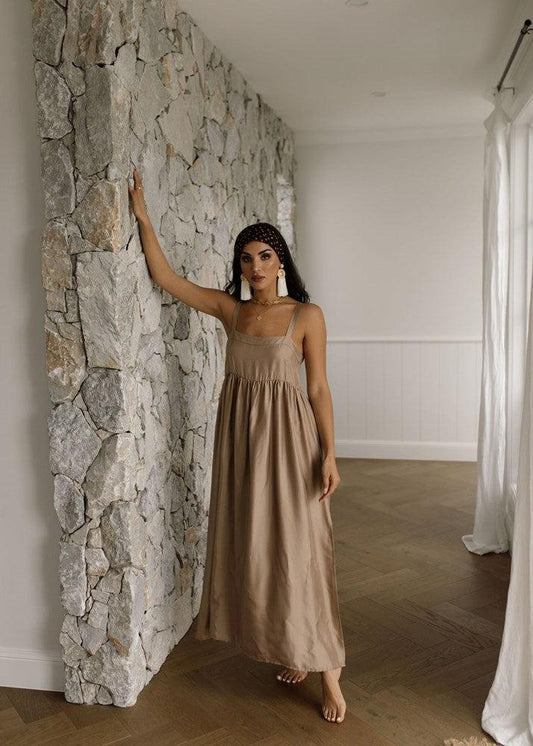 Image of Dresses. Product name - Begonia Sleeveless Silk Maxi Dress Bronze in Bronze colour by brand - Lou Lou