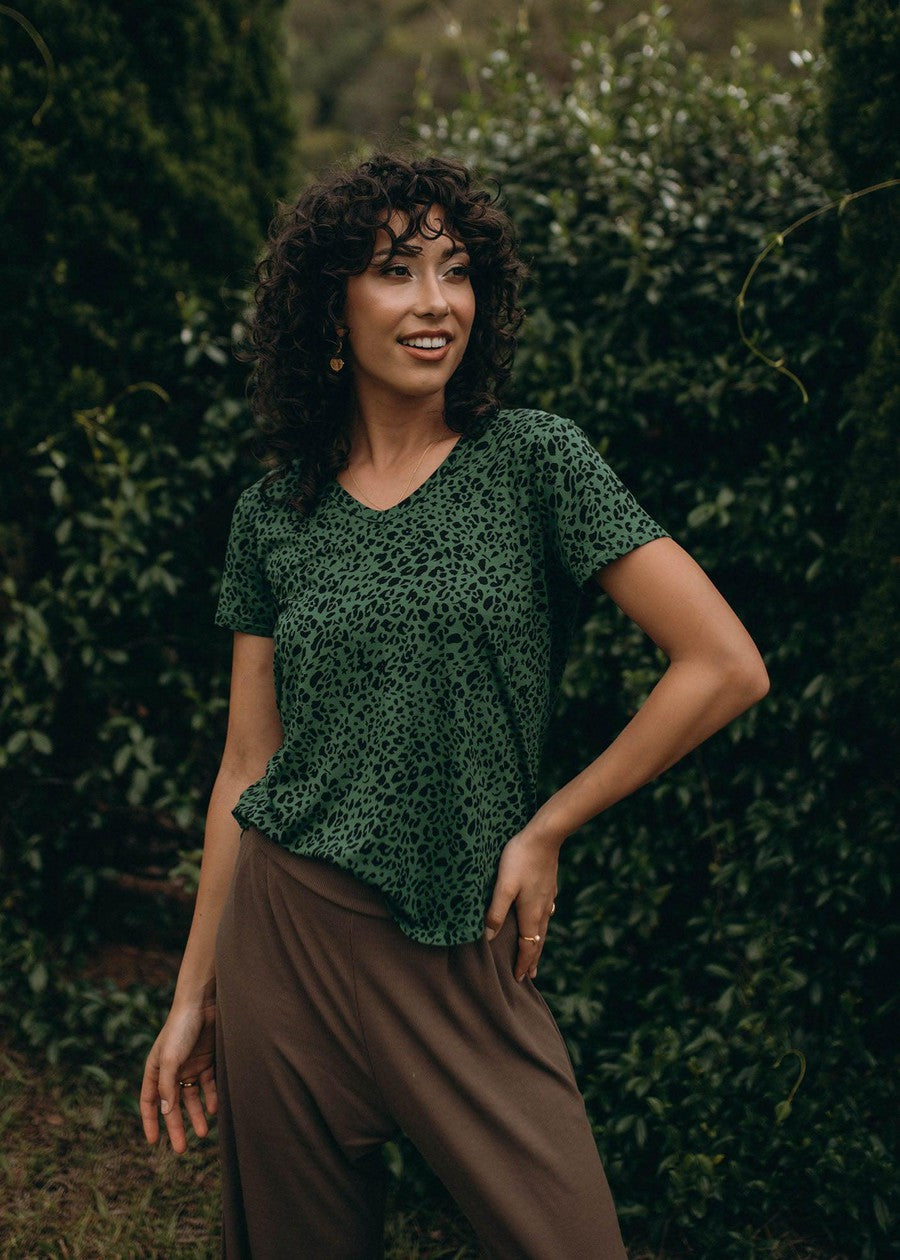 Lou Lou Veronica Bamboo V-Neck T-Shirt (Green Leopard)