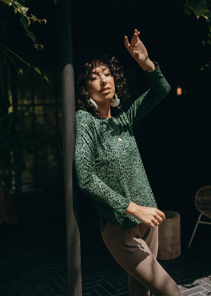 Lou Lou Adele Long Sleeve Bamboo Top (Green Leopard)
