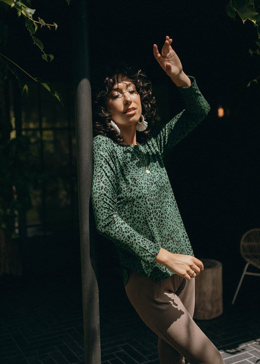 Lou Lou Adele Long Sleeve Bamboo Top (Green Leopard)
