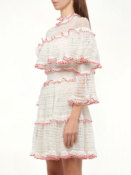 ALEXANDER MCQUEEN AMQ - Volume Lace Mini Dress (White Pink)