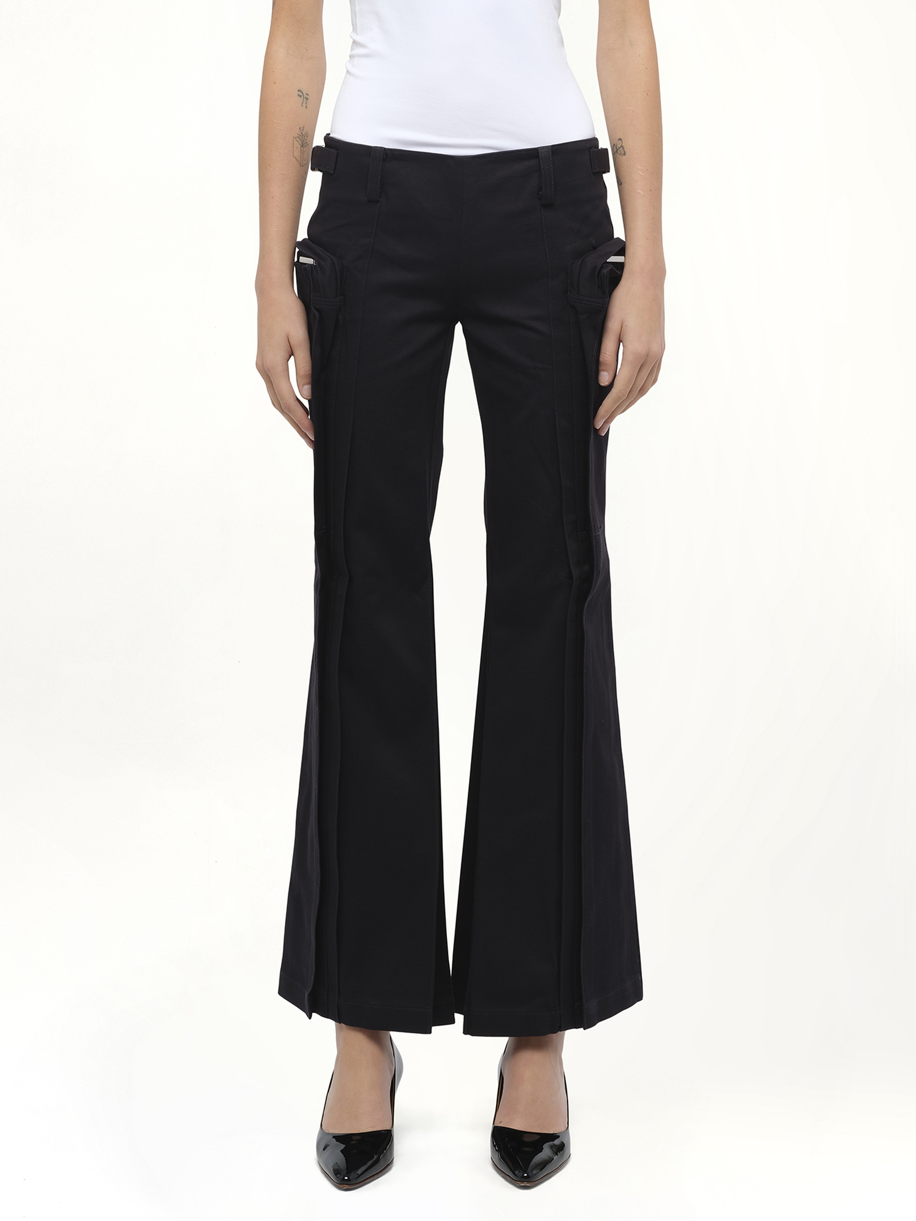 Image of a model wearing Pants. Productname: FAX COPY EXPRESS Flared Cargos in Black colour by brand - FAX COPY EXPRESS