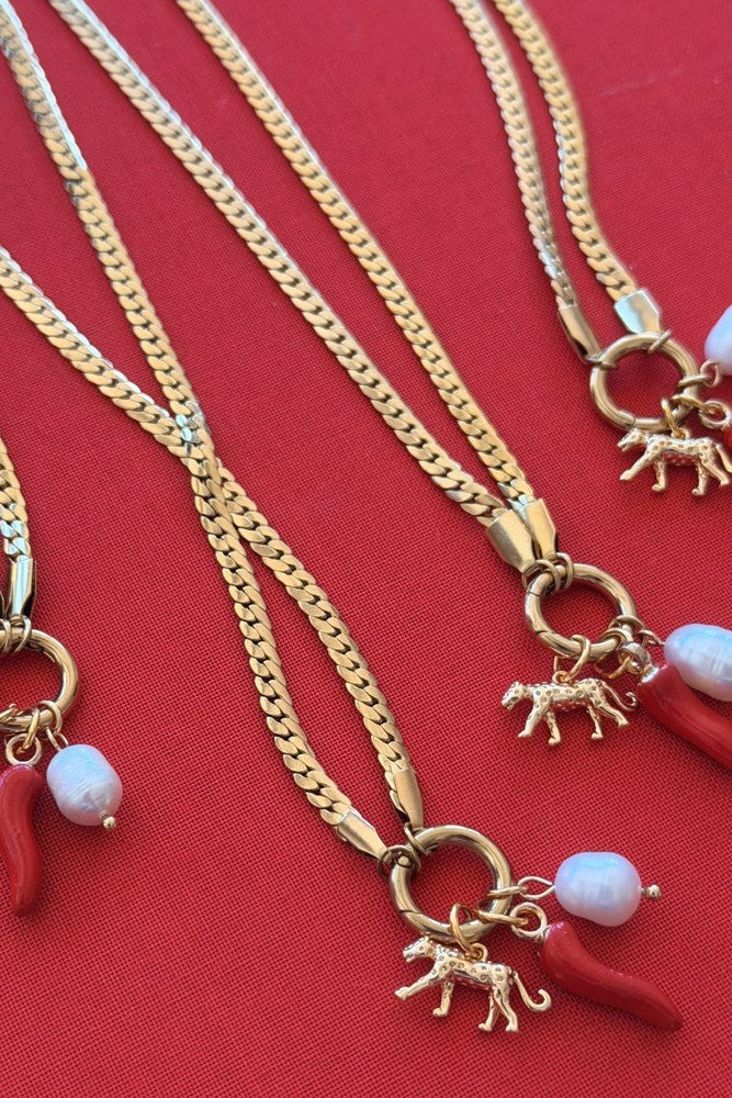 Image of Necklaces. Product name - Leopard Charm Necklace in Gold colour by brand - Betty Basics