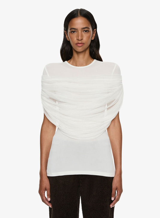 Image of a model wearing Tops. Productname: Christopher Esber Sonora Veiled Tee in White colour by brand - Christopher Esber