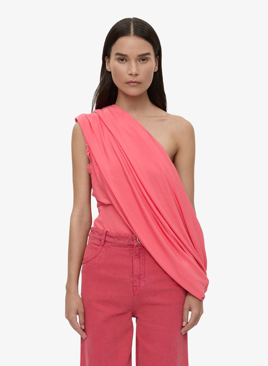 Image of a model wearing Tops. Productname: CHRISTOPHER ESBER Aiba Draped Jersey Tee in Watermelon colour by brand - CHRISTOPHER ESBER