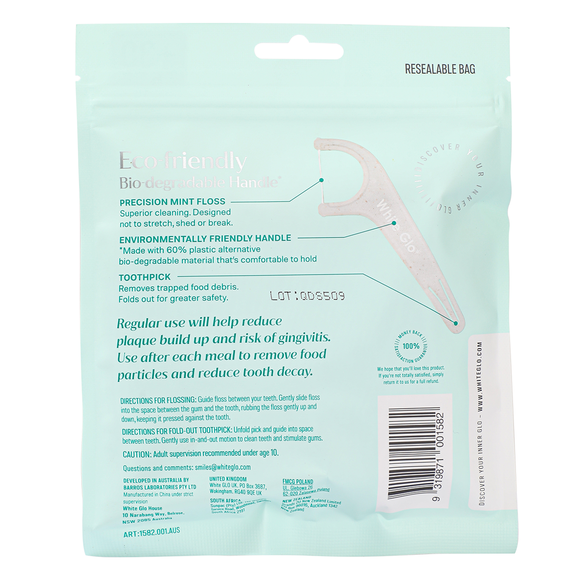 White Glo Dental Flosser Picks Eco-Friendly Bio-Degradable Handle 70 Floss Picks