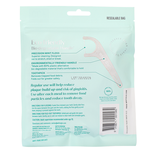 White Glo Dental Flosser Picks Eco-Friendly Bio-Degradable Handle 70 Floss Picks