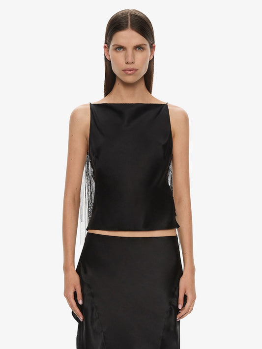 Image of a model wearing Tops. Productname: CHRISTOPHER ESBER Lattice Lace Silk Top in Black colour by brand - CHRISTOPHER ESBER