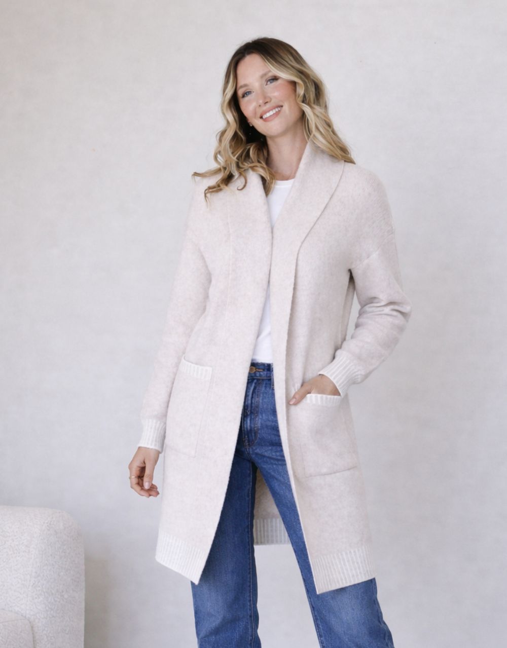 Image of a model wearing Outerwear. Productname: Vera Blanket Stitch Coatigan - in Latte colour by brand - 132 Fashion