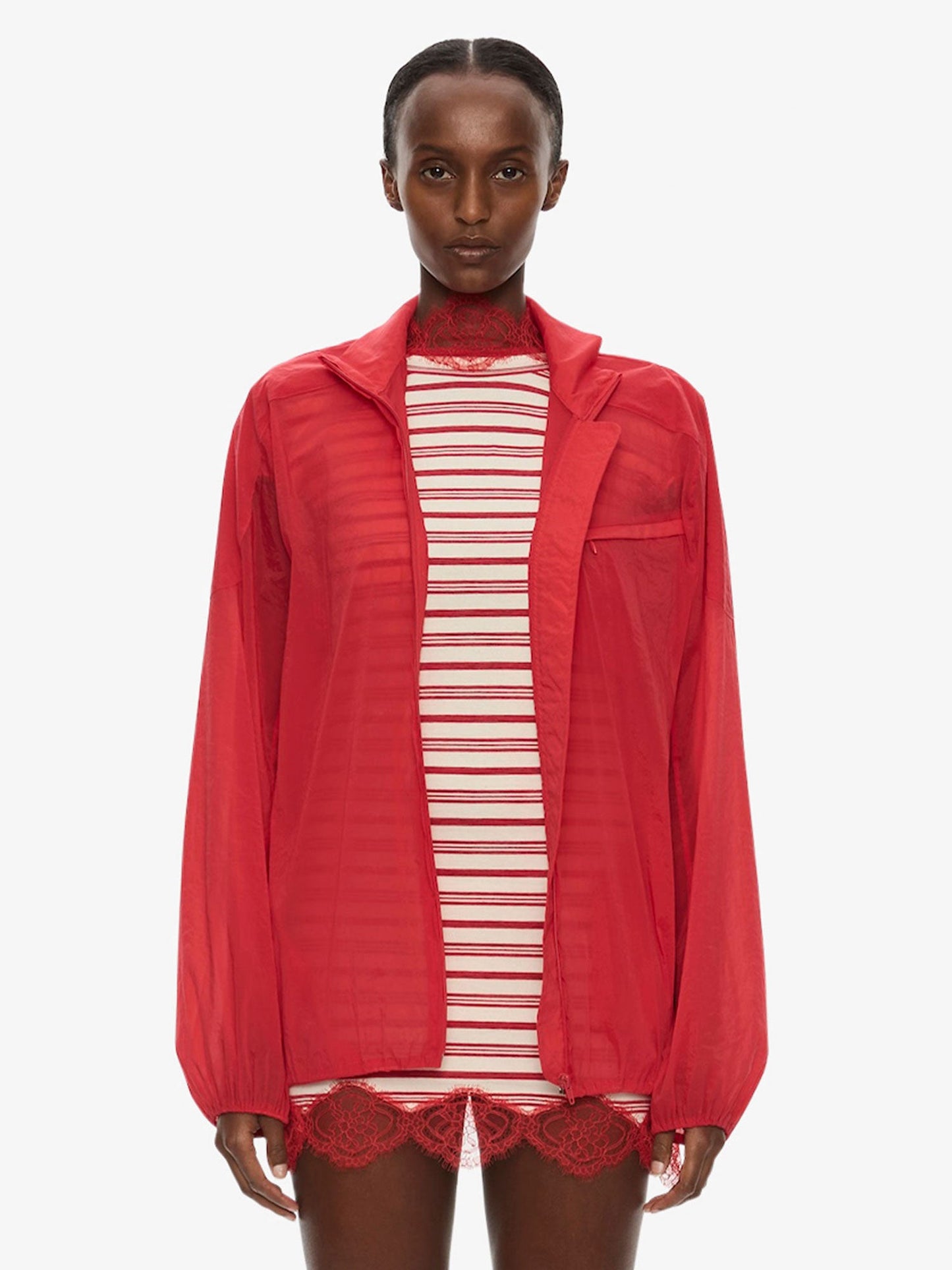 Image of a model wearing Outerwear. Product name - Dannie Lucent Mottled Sheer Bomber in Flame colour by brand - CHRISTOPHER ESBER