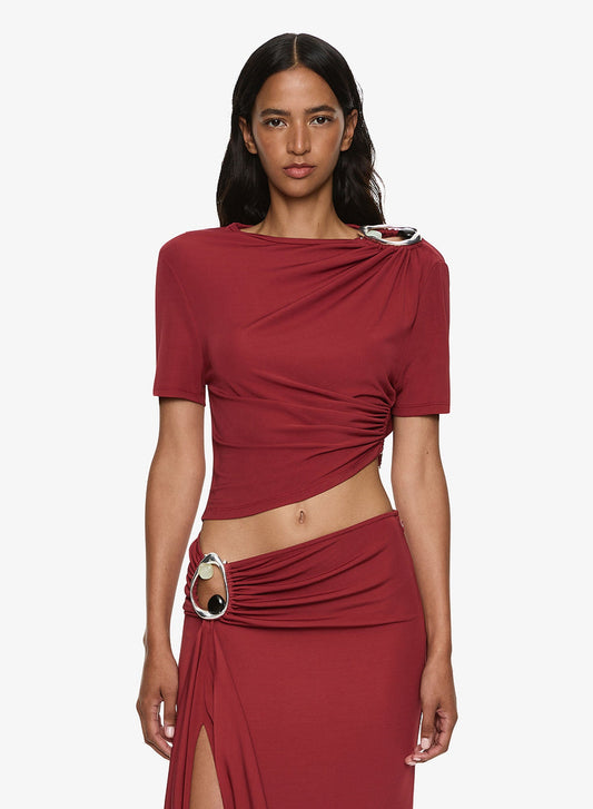 Image of a model wearing Tops. Productname: CHRISTOPHER ESBER Orica Crystal Ruched Jersey Tee in Wine colour by brand - CHRISTOPHER ESBER