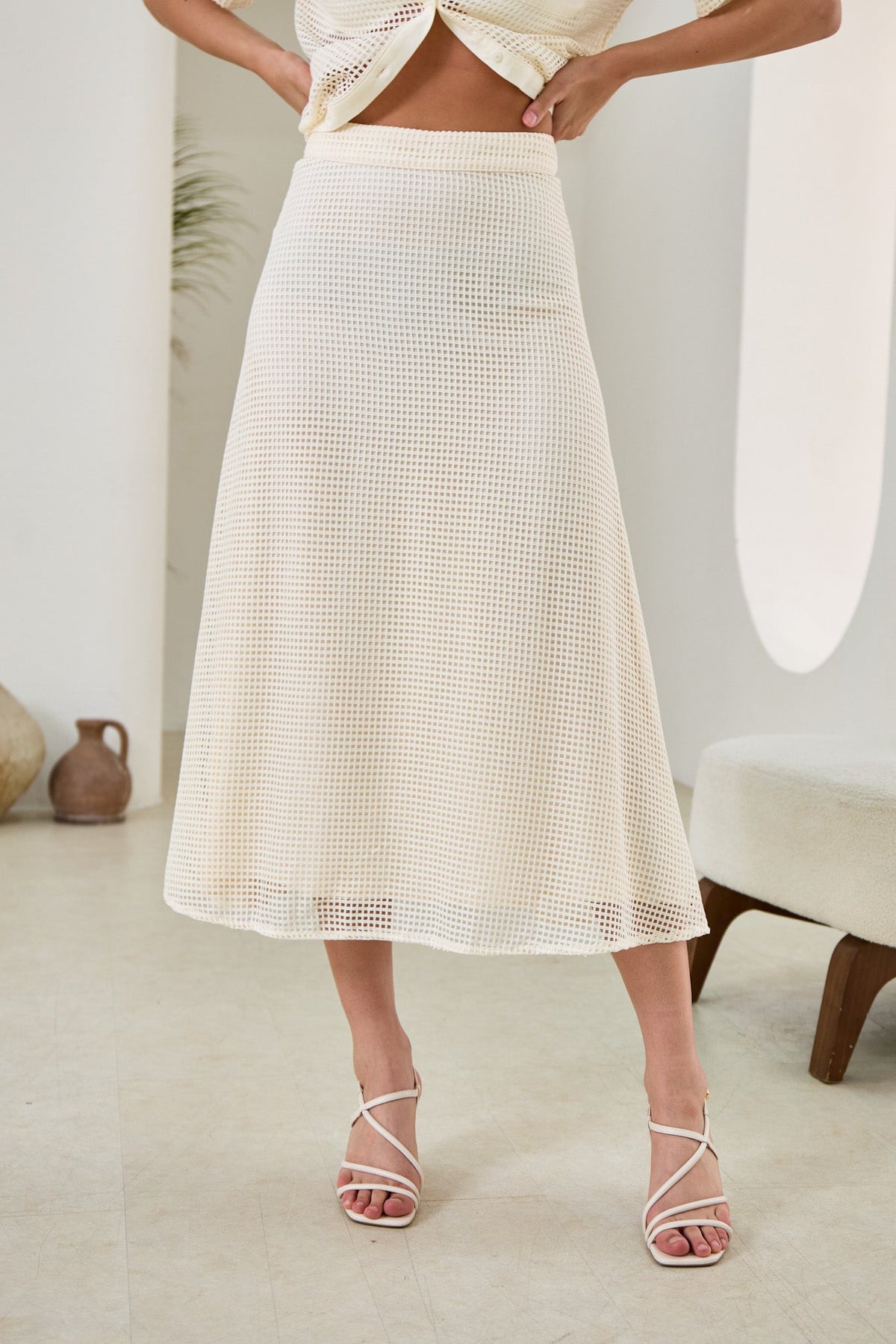 Heychic Kara Open Mesh Midi Skirt (Cream)