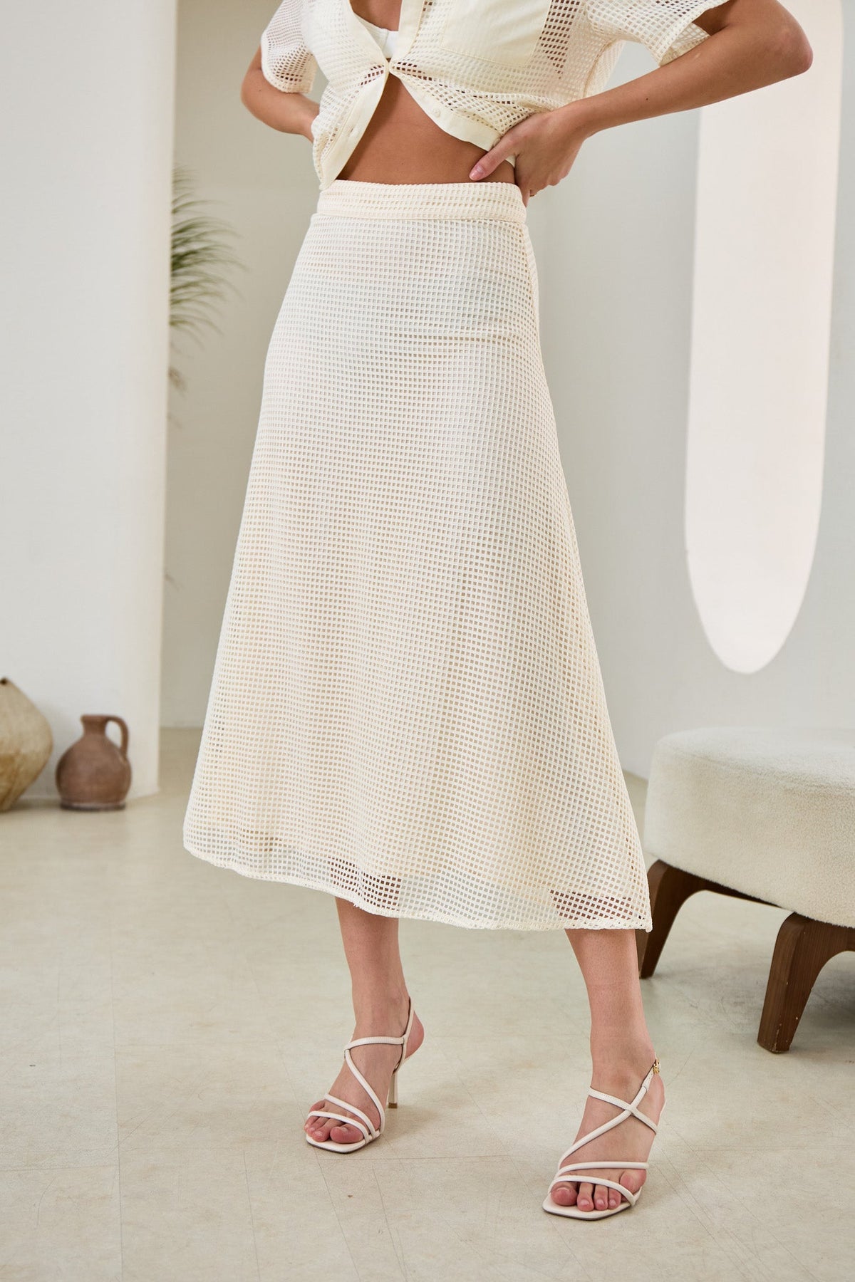 Heychic Kara Open Mesh Midi Skirt (Cream)